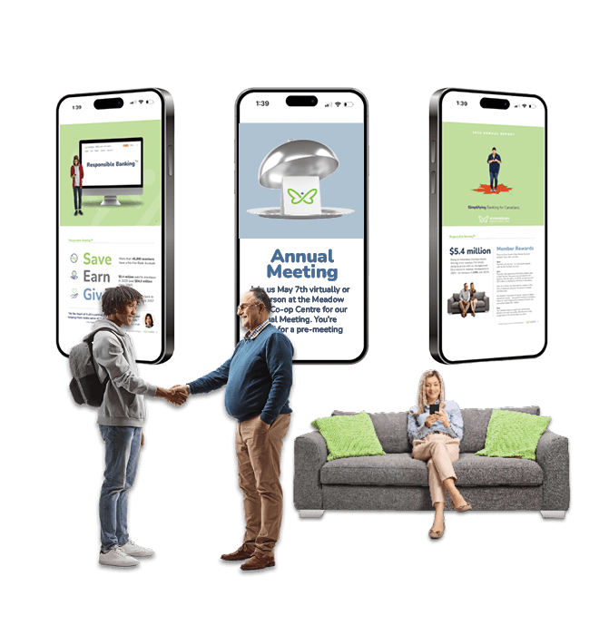 Three large phones displaying Annual Report items