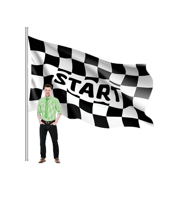 Employee Standing in Front of Checkered Flag
