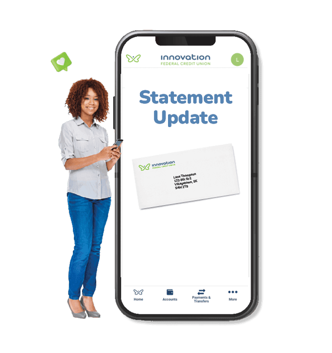 Woman standing beside large phone that displays "Statement Update" on screen