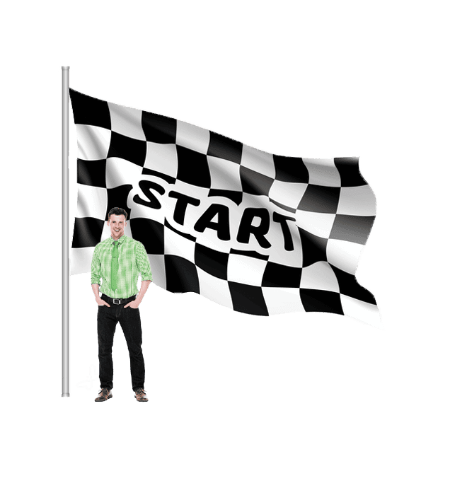 Employee Standing in Front of Checkered Flag