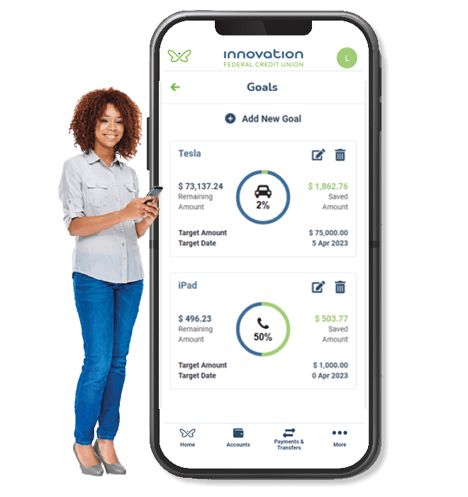 A woman stands next to a phone that shows the Innovation Federal Credit Union mobile app