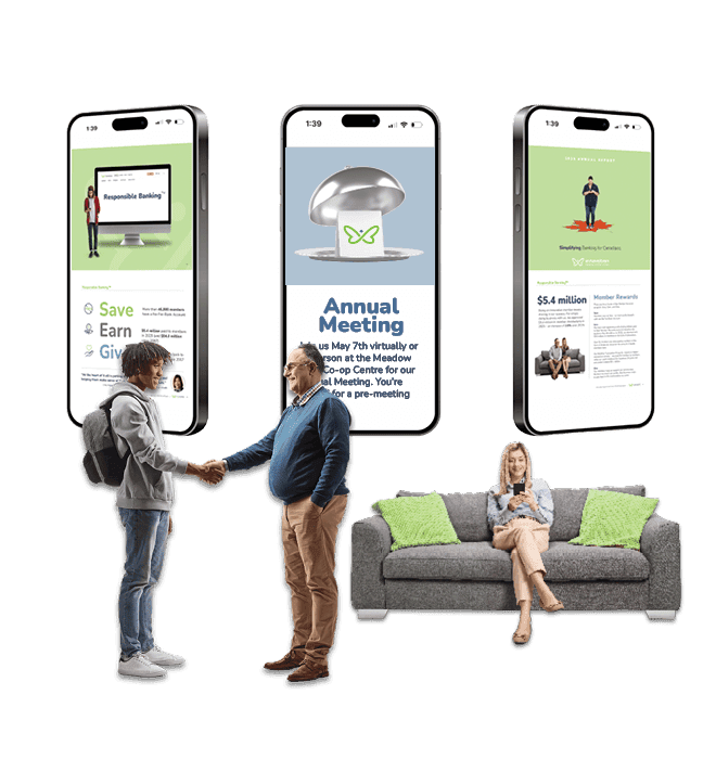 Three large phones displaying Annual Report items
