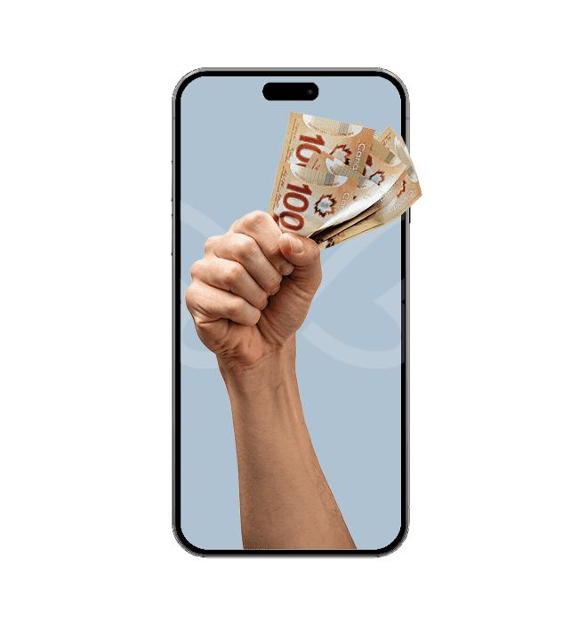 Hand holding cash popping out of phone screen