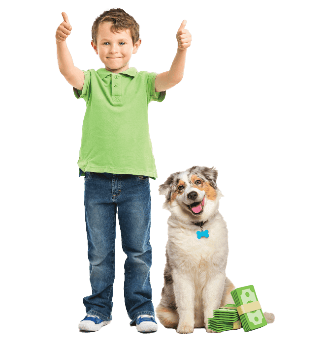 A child is giving the "thumbs up" next to a dog with a stack of  3D money.