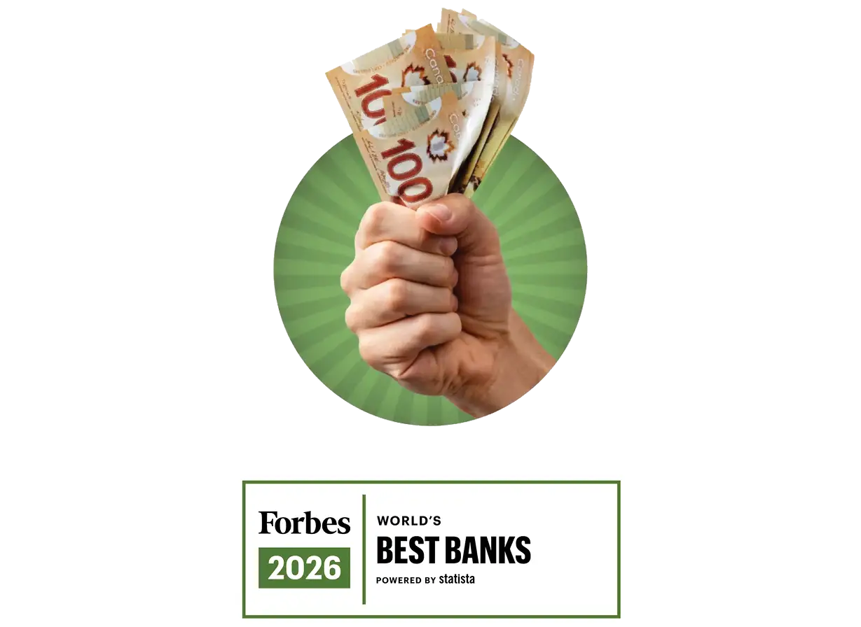 Hand holding Canadian cash with Forbes World's Best Banks 2026 badge