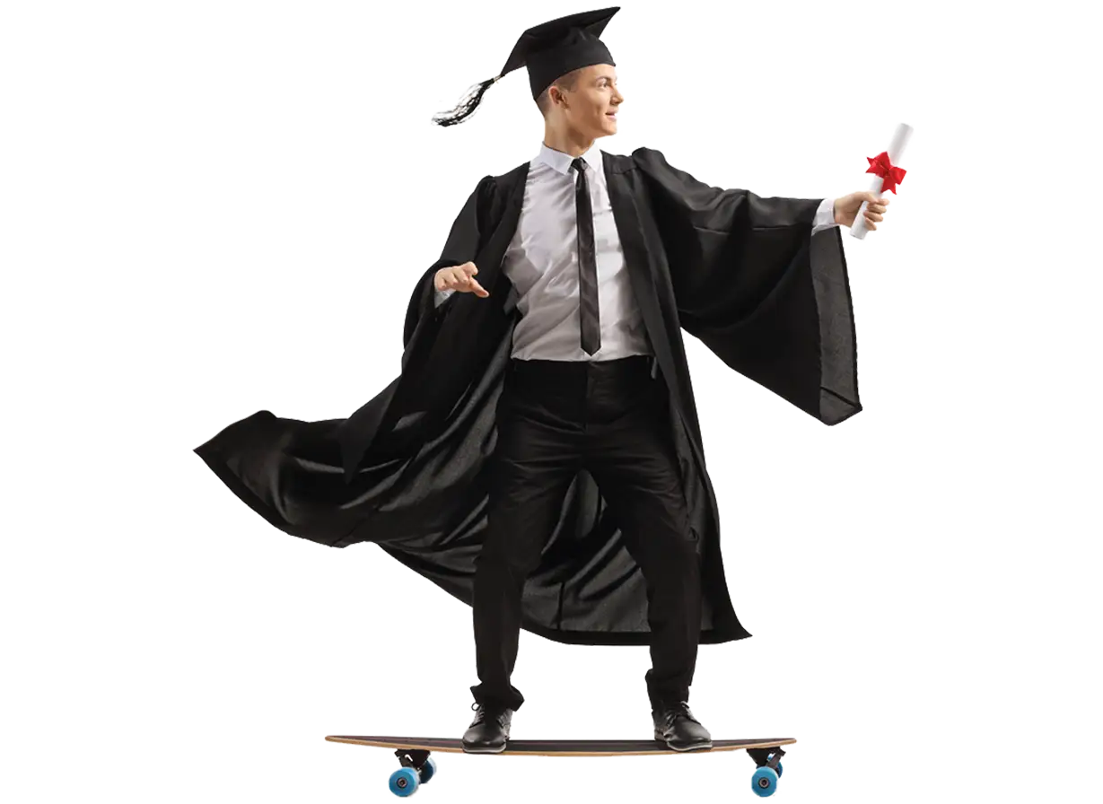 Male Graduate in Cap and Gown Skateboarding