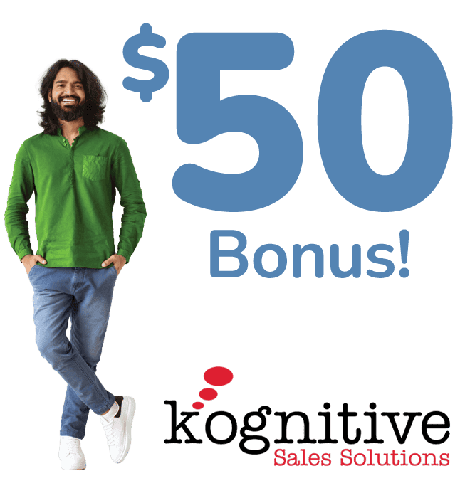 Kognitive employee standing beside the words "$50 Bonus"