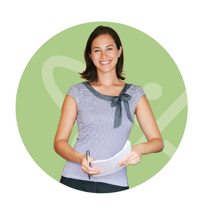 Female business owner holding papers and pen