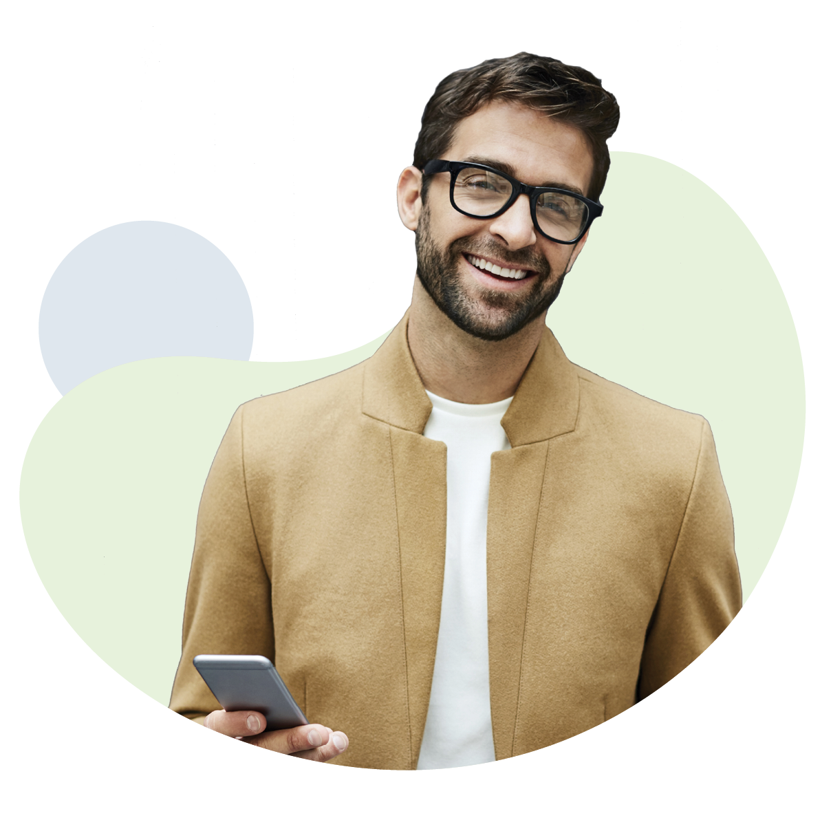 Happy small business man holding mobile phone