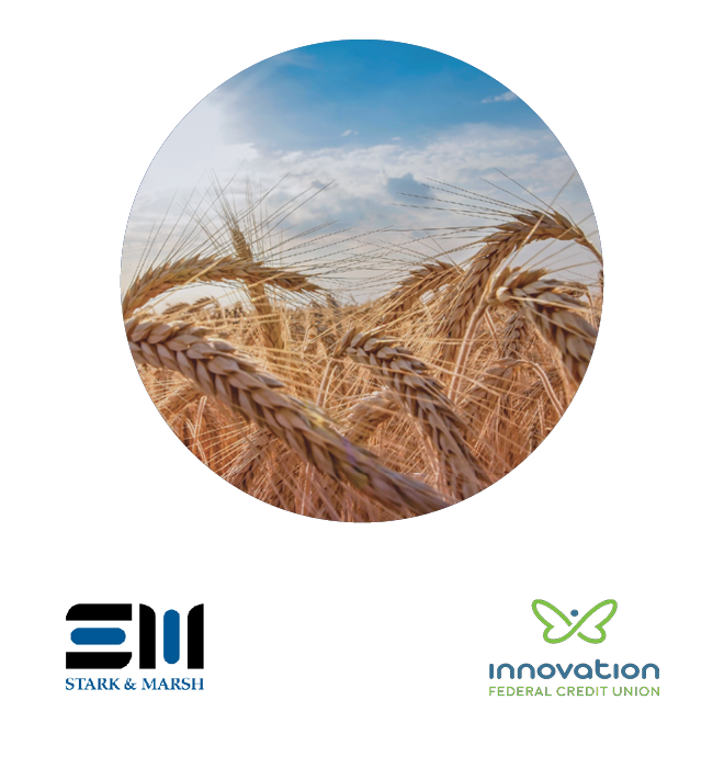 A wheat field with Start & March and Innovation logos below