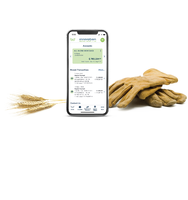 Mobile phone with work gloves and wheat behind it. Screen displays Innovation app.