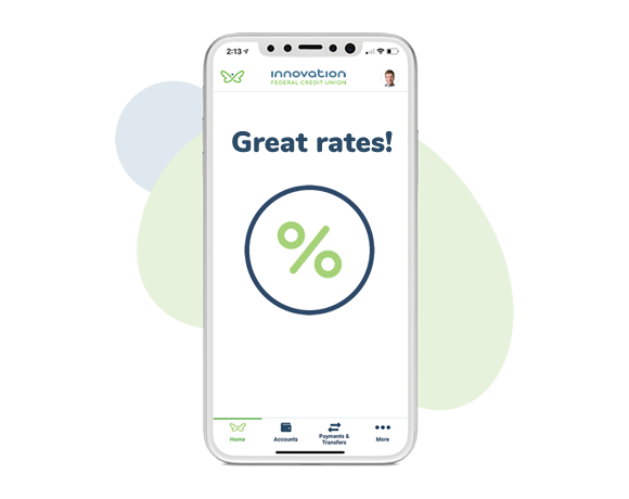 Mobile phone displaying "Great rates!" with a % sign on the Innovation app.