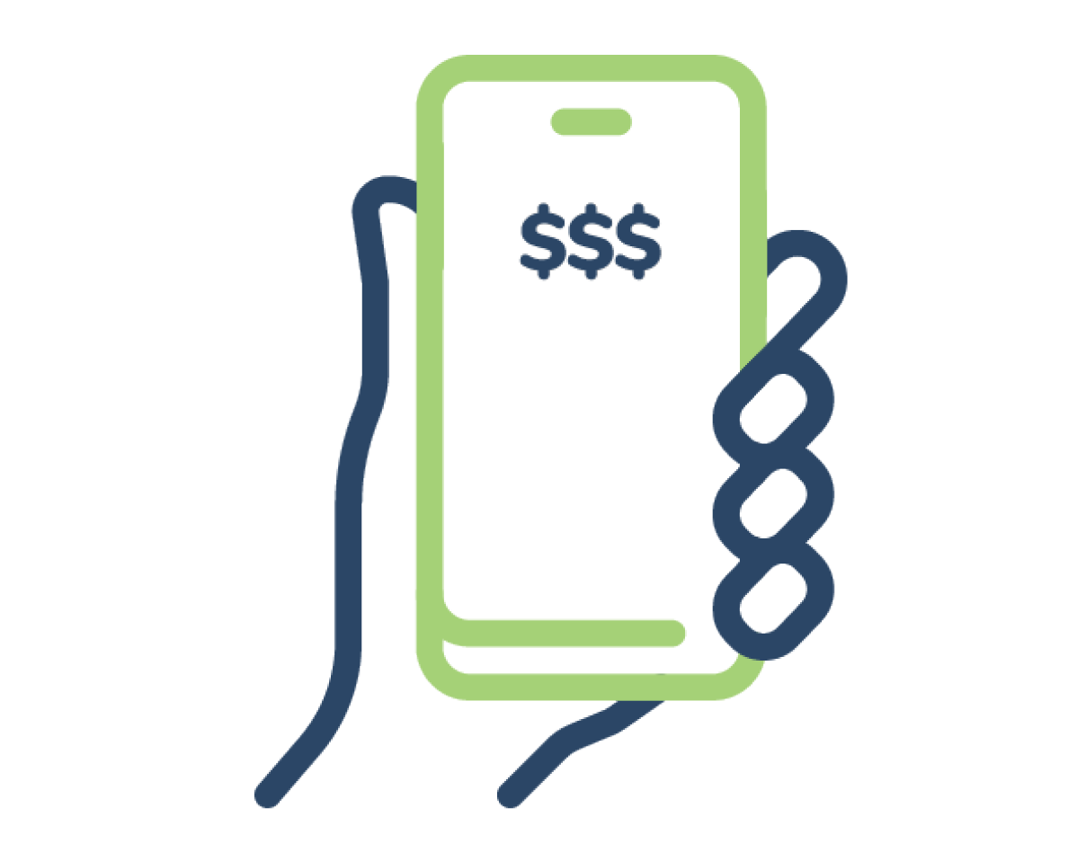 Hand holding a mobile phone with dollar signs icon