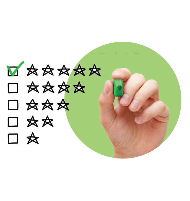 A hand holding a green highlighter choosing a 5-star rating