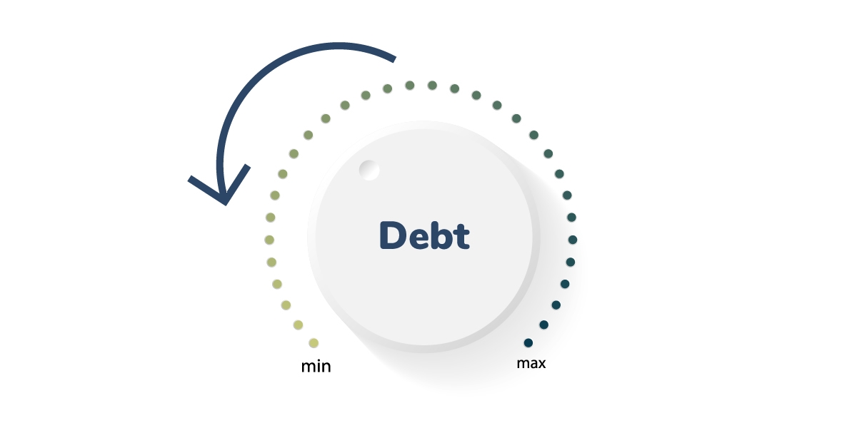 A thermostat dial with the word debt on it. An arrow indicates the dial is turning the temperature down.