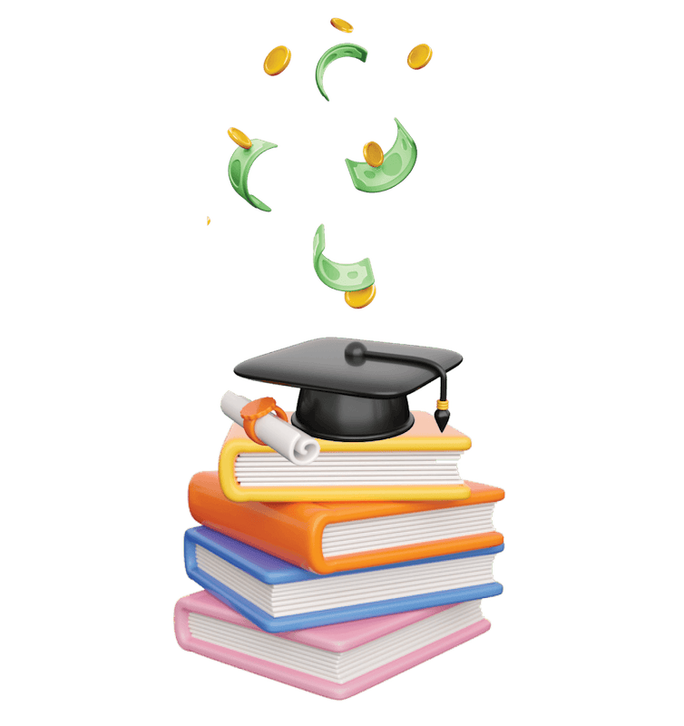 Graduation cap on text books. Money falling from sky.