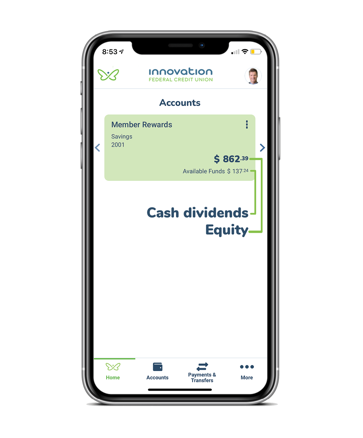 Mobile phone displaying cash dividends and equity on the Innovation app