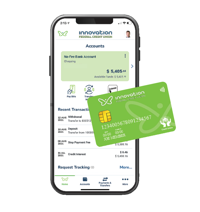 Mobile phone displaying Innovation's banking app. An Innovation green debit card is beside the phone.