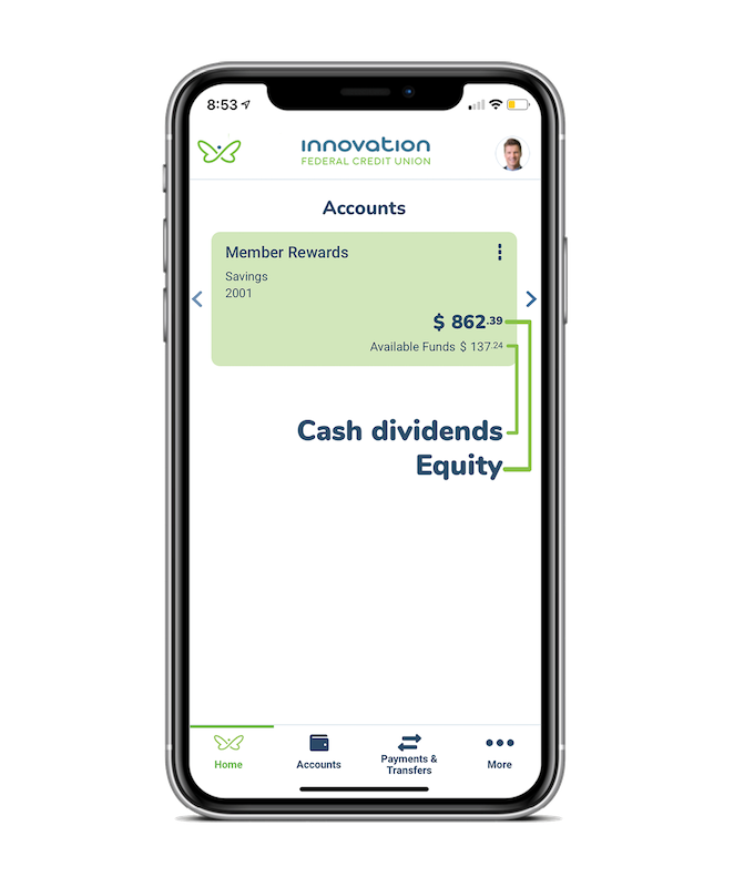 Mobile phone displaying cash dividends and equity on the Innovation app