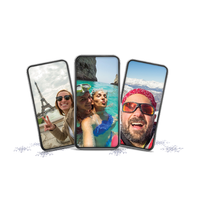 Three mobile phones, each with a different vacation image on it.