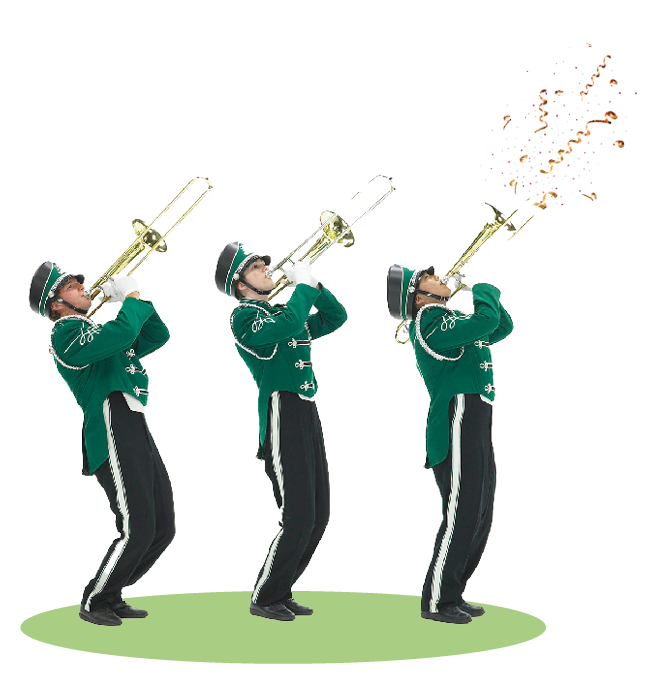 Marching band trombone section. One trombone blows out confetti.