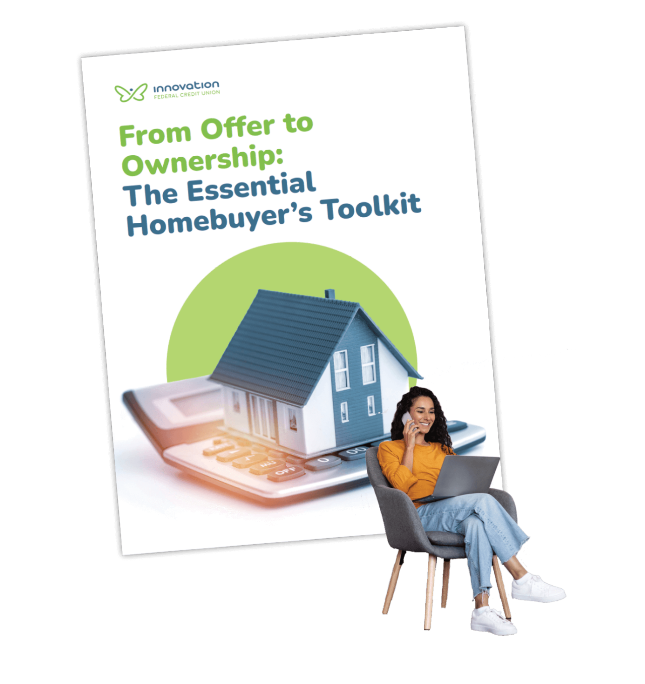 Woman sitting in front of oversized mortgage e-book