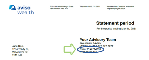 An Aviso Wealth statement with the client ID number circled.