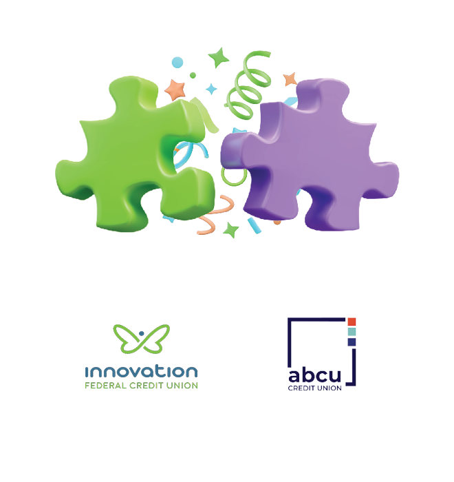 Innovation and ABCU logos below puzzle pieces  and confetti