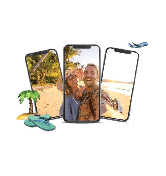 Couple on vacation appearing across three phones