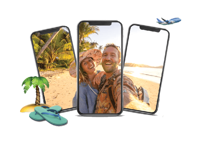 Couple on vacation appearing across three phones