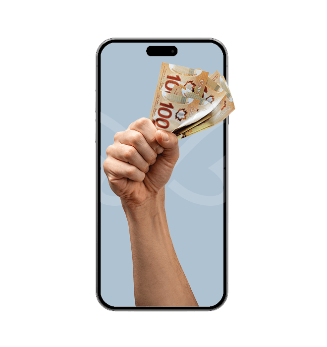 Hand holding cash popping out of phone screen