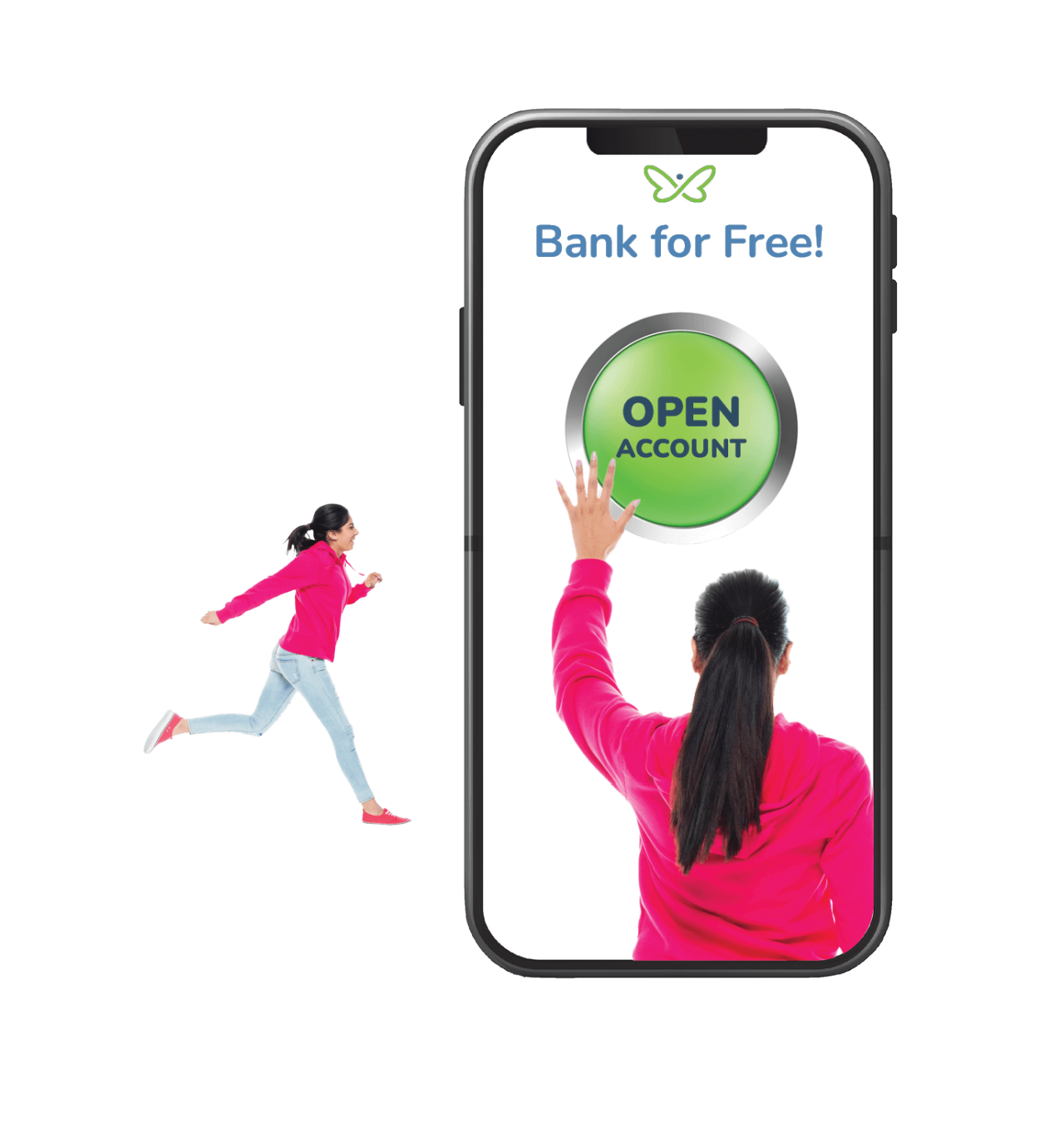 Woman choosing an Open Account button on a phone with heading Bank for Free!