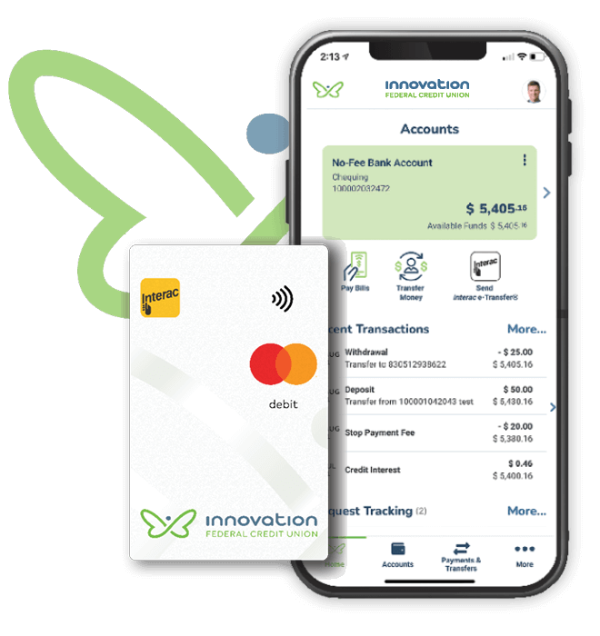 Debit Mastercard next to phone displaying a No-Fee Bank Account