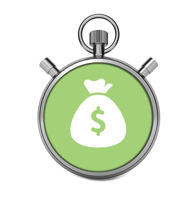 A stopwatch with a money bag icon on the face of the watch