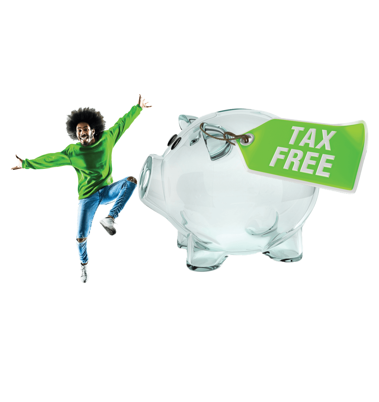 Happy man by piggybank with a tax tree tag on its ear