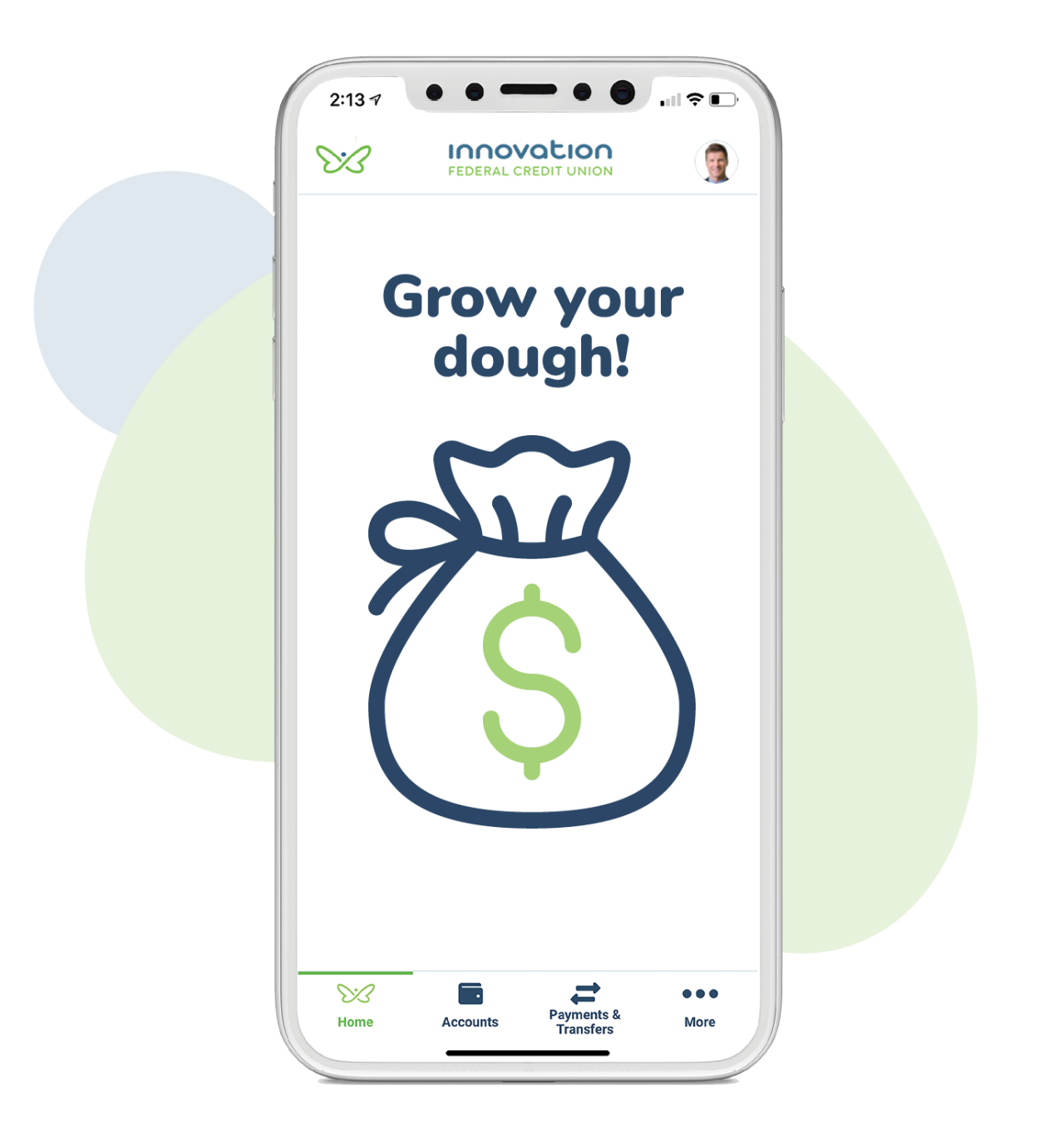 Mobile phone displaying an Innovation app screen:  "Grow your dough!" and a money bag icon.