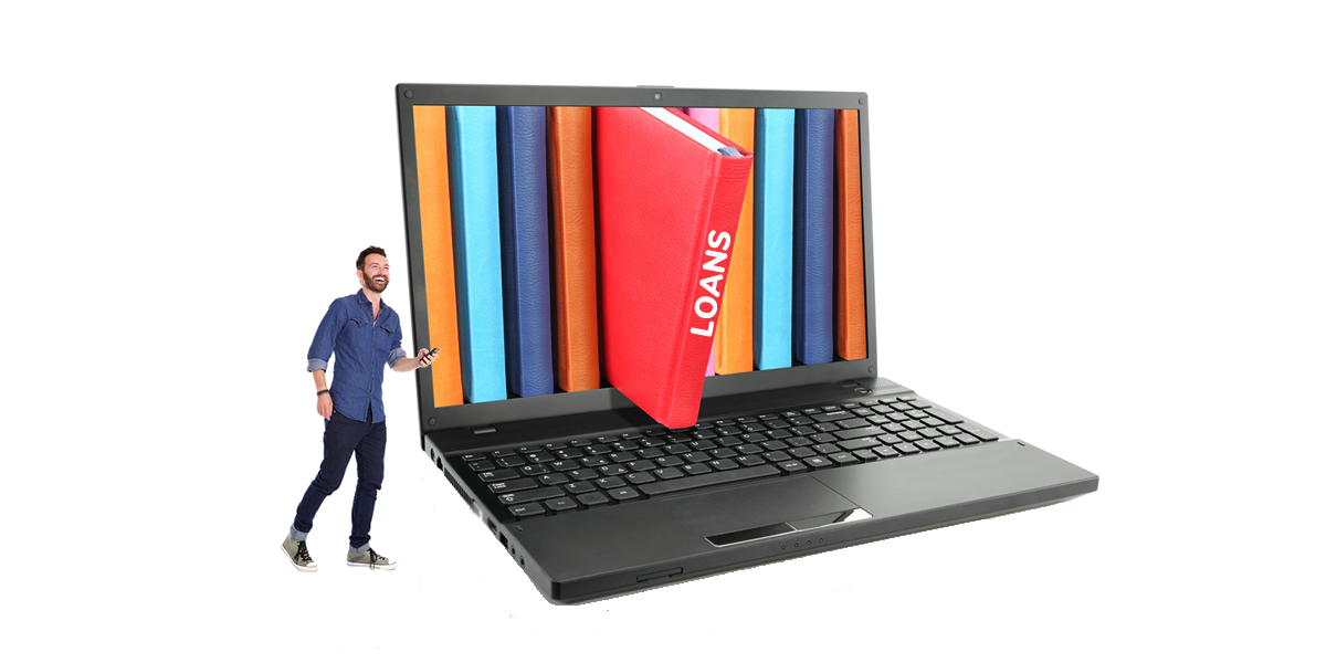 Man standing beside large computer that has library books coming out of screen
