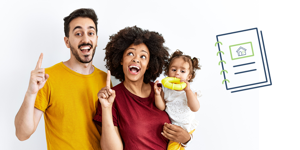 Parents holding child giving a number one sign with icon of mortgage guide beside them