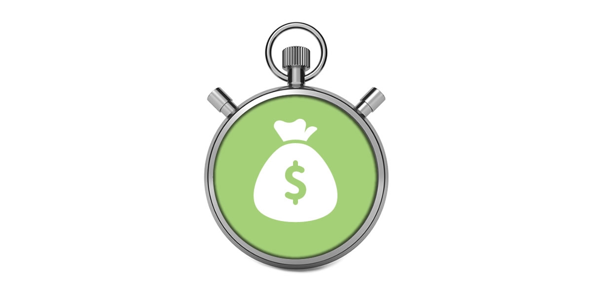 A stopwatch with a money bag icon on the face of the watch