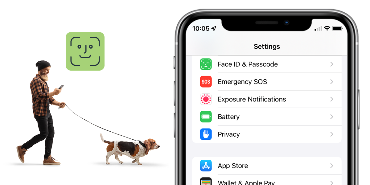 A man walking his dog using Face ID to bank. A large phone with Face ID settings is beside him.