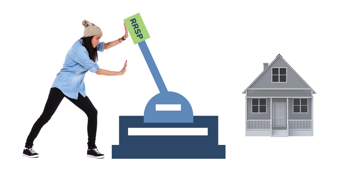 Woman pushing a large lever towards a house
