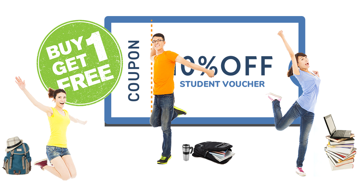 College students celebrating in front of large coupons