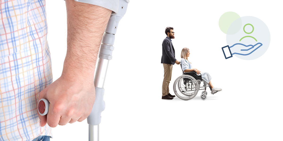 A man's arm leaning on a crutch with a woman being pushed in a wheelchair in the distance. A hand holding a person icon behind.