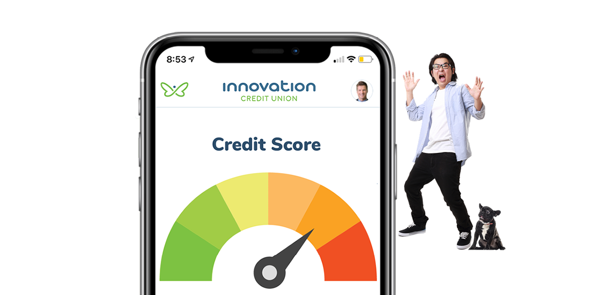 Man and dog frightened of credit score appearing on mobile phone