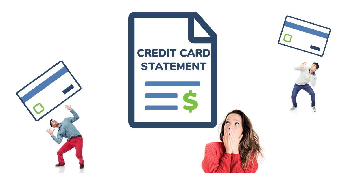 Credit card statement and credit cards falling on scared people