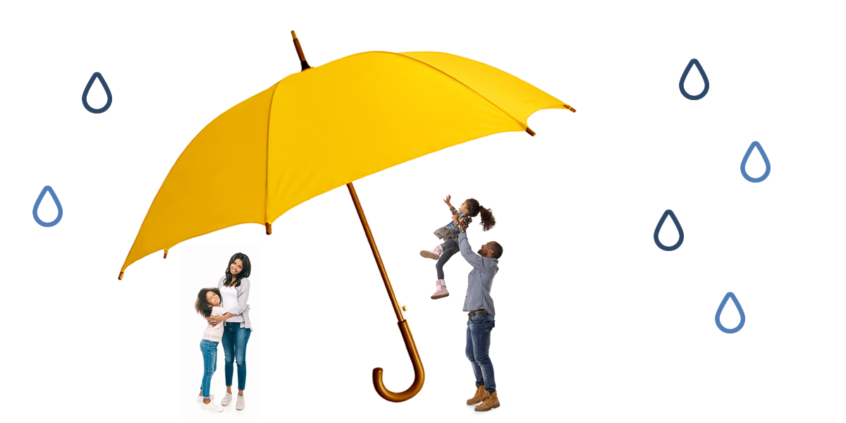 Family under a large umbrella with raindrop icons falling