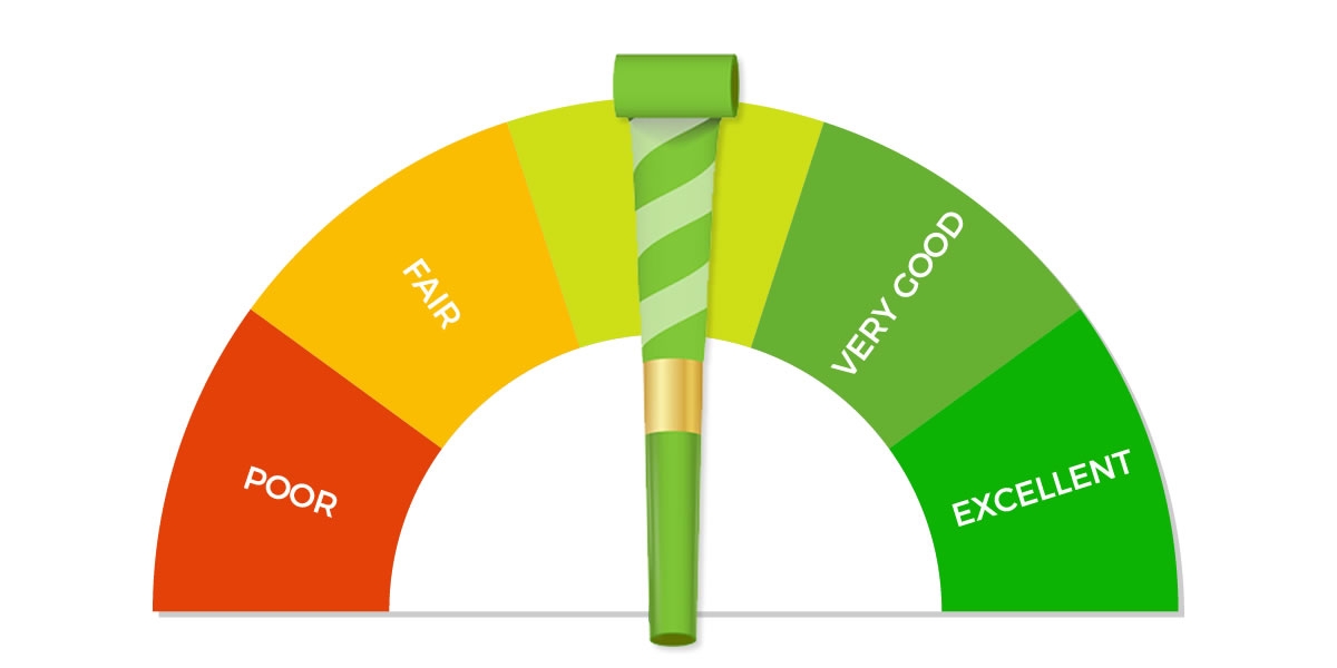 A credit score meter with a party noise maker indicating "good" on the meter.