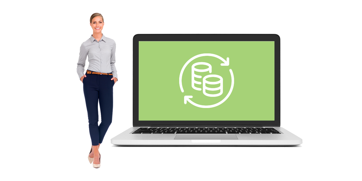 A business woman standing beside a laptop with revolving cash on the screen