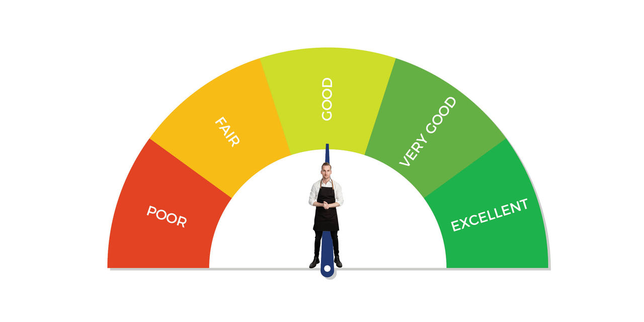 Credit score meter with a business owner standing in front of the needle.