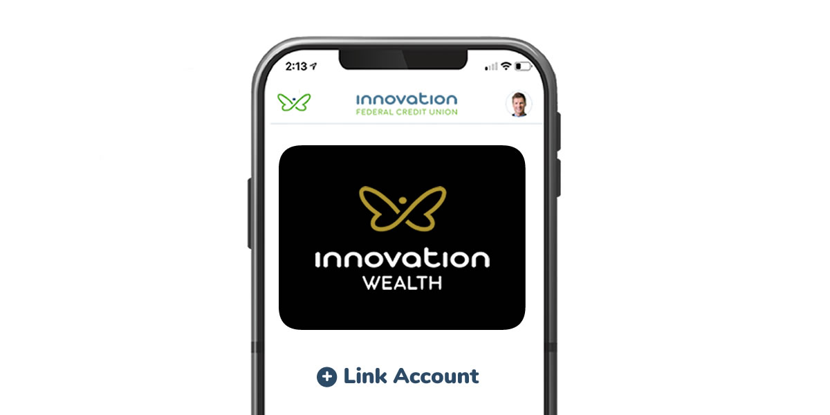 Mobile phone displaying Innovation Wealth logo on the Innovation app screen.